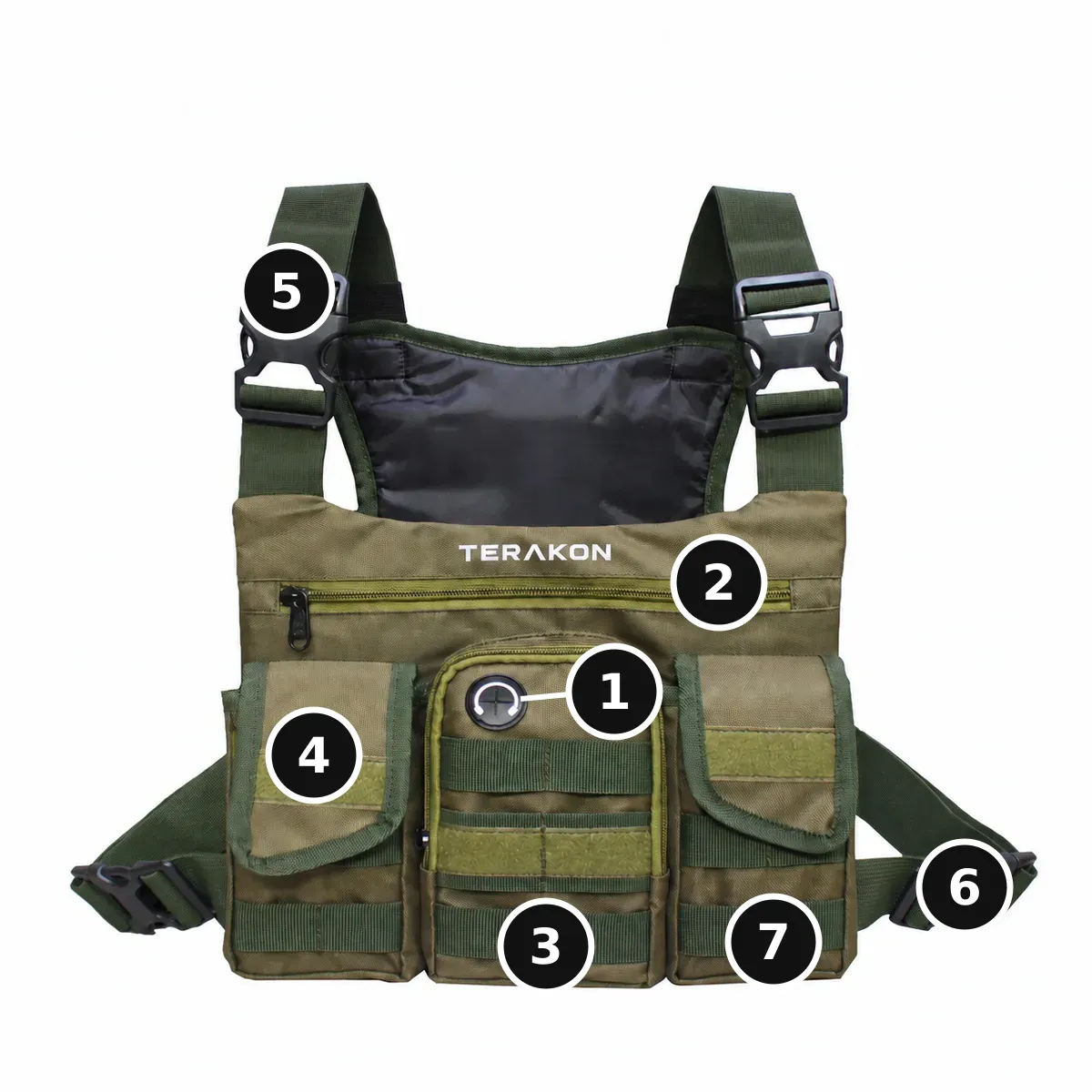 TERAKON Chest Bag warna Army tampak depan dengan nomor 1 sampai 7 pada bagian-bagian tas