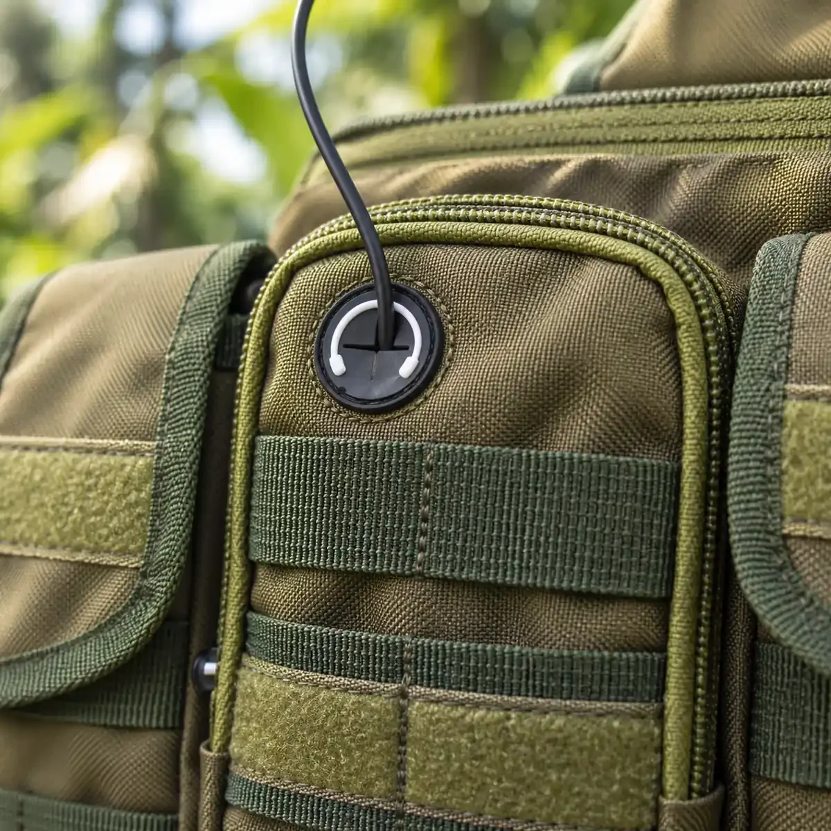 Kabel earphone keluar dari lubang di kantong depan TERAKON Chest Bag warna Army