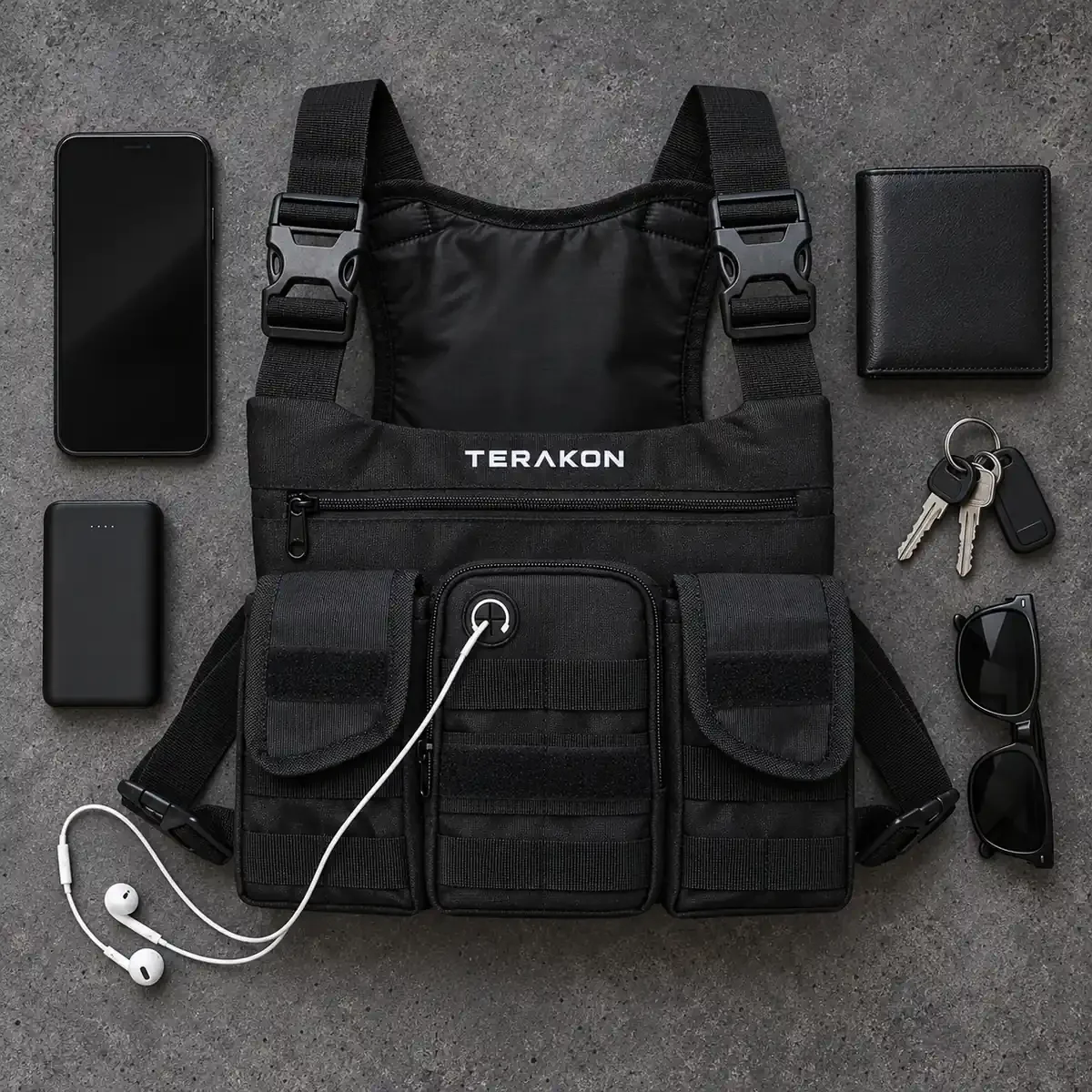 TERAKON Chest Bag warna Black dengan HP, dompet, kunci, power bank, kacamata hitam dan earphone berkabel di sekelilingnya